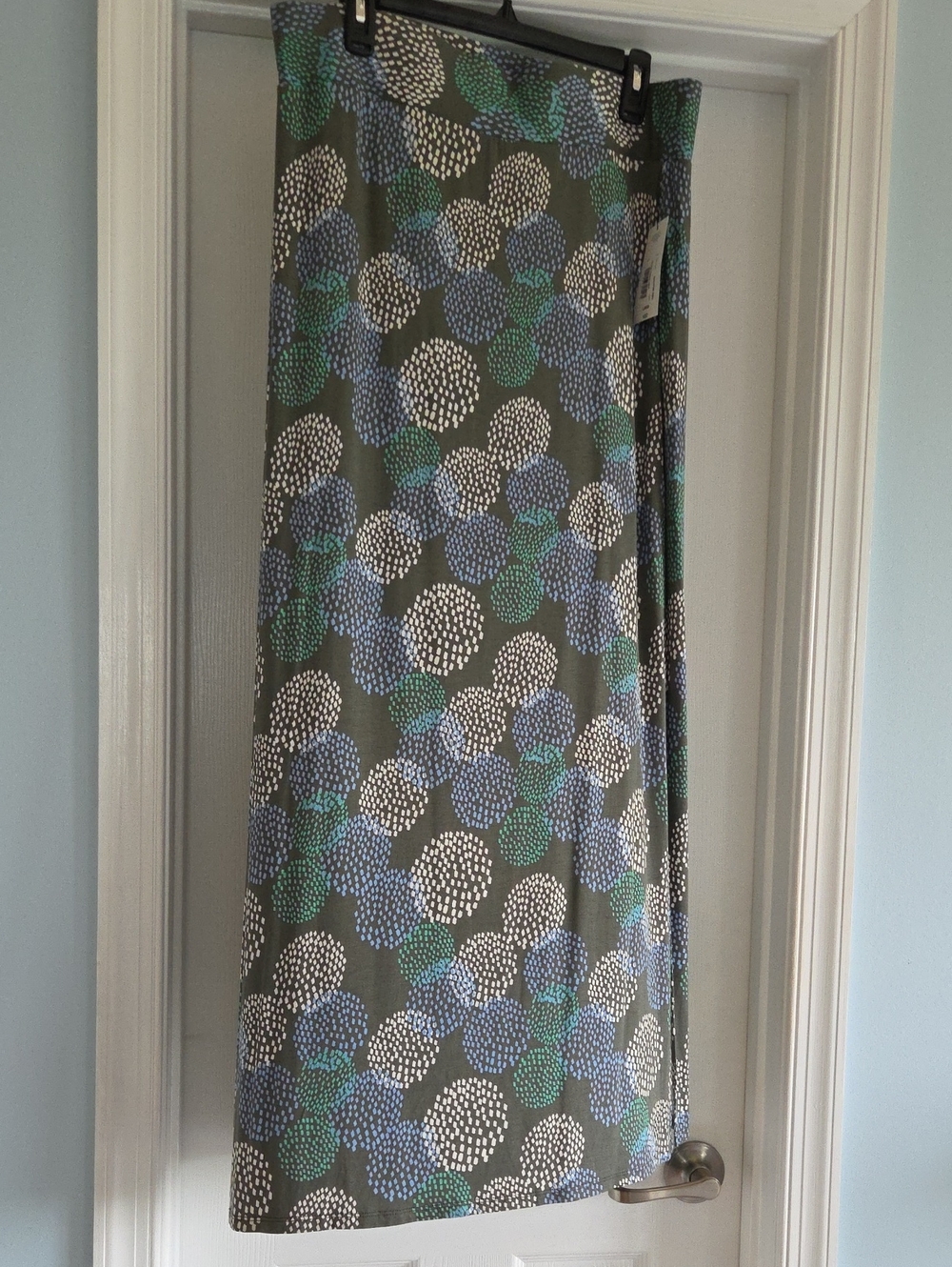 a.n.a -NWT- Olive Green Maxi Skirt with Blue, Green & White Dot Clusters, Sz. L